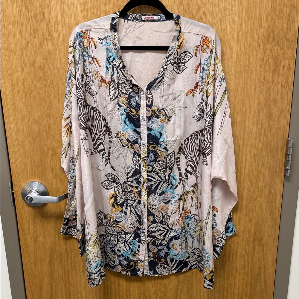 Johnny Was Light Grey Botanical & Zebra Print Button-Down Blouse